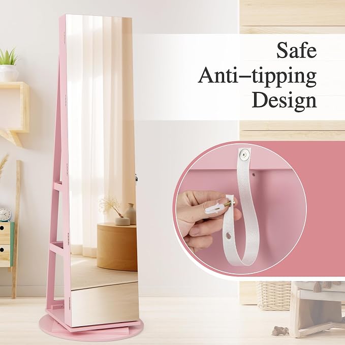 MAT EXPERT 360° Rotating Jewelry Armoire, Lockable Freestanding Jewelry Organizer w/Full-length Mirror, 3-Color LED Lights, Rear Storage Shelves, Mirror Jewelry Cabinet for Bedroom (Pink)