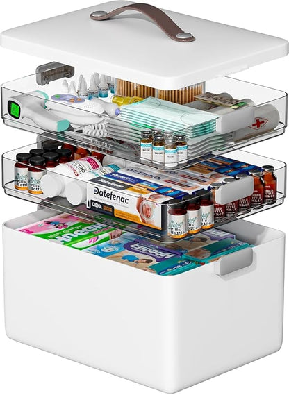Spreezy 3-Tier Medicine Storage Box, Portable Empty First Aid Kit | Cabinet with Leather Handles. Large Capacity Multifunctional Storage Box with Lid and Clasp for Medicine, Sewing, Art, Craft