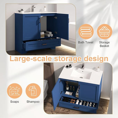36 inch Bathroom Vanity with Sink, Modern Blue Vanity for Bathroom with Undermount Ceramic Sink, Freestanding 2-Door & 1-Drawer Storage Cabinet, for Small Bathroom Space, (Blue, 36")