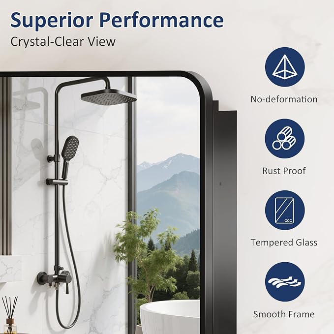 Medicine Cabinet Mirror 17x25 Inch, Black Bathroom Mirror Cabinet with Stepless Adjustable Shelves, Rounded Rectangle Metal Framed, Bathroom Mirror with Storage Recessed or Wall Mount