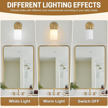 2-Pack, 1-Light Vanity Lights, Brushed Gold Bathroom Light Fixture with Textured Milky White Glass Shade, E26 Modern Vanity Lighting Fixture for Bathroom Wall Sconce