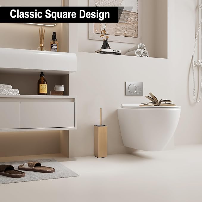BGL Toilet Brush with Holder for Bathroom Matte Brushed Brass Aluminium Standing for Bathroom Toilet Bowl Cleaner Brush and Holder Set, Square Design