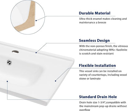 Sarlai Wall Hung Bathroom Vessel Sink with Towel Rack, 24x16 Inch Wall Mounted Rectangle Ceramic Bathroom Sink White Wash Modern Vanity Floating Basin