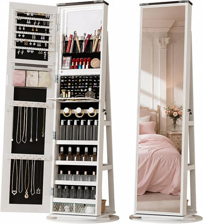 LVSOMT Jewelry Cabinet Standing, 360° Swivel Jewelry Armoire, White Brown | Full Length Mirror with Storage, 3 Rear Shelves, Internal Mirror, 3 Color Lights, Lockable for Bedroom, Women Girls Gift