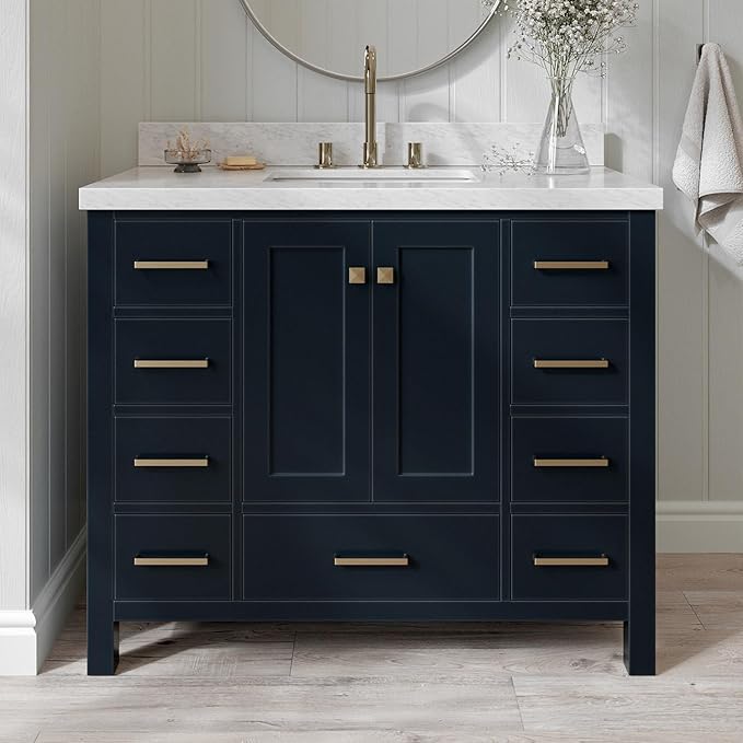 ARIEL Cambridge 42-inch Bathroom Vanity with Sink,Solid Wood, 1.5-inch Italian Carrara Marble Countertop, Single Rectangular Porcelain Sink, 2 Soft Closing Doors, 9 Dovetail Drawers, Midnight Blue