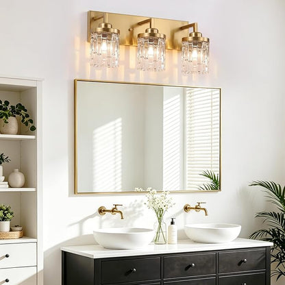 maesta Gold Bathroom Light Fixture,3 Light Modern Vanity Light Over Mirror | Modern Vanity Light, Gold Metal & Crystal Glass Fixture, Anti-Rust, Easy to Install for Bathroom Hallway Bedroom Entryway