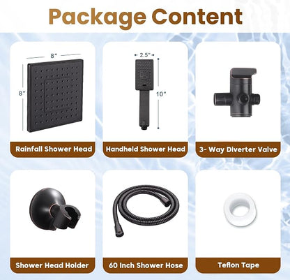 BRIGHT SHOWERS Rain Shower Head with Handheld Spray, 8 Inch Rainfall Shower Head Combo with 60" Hose, Adjustable Dual Square Showerhead Set with 3-Way Diverter, Wall Bracket, Oil-Rubbed Bronze