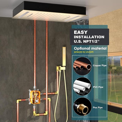 LED Spa Shower System Rainfall Waterfall with Handheld, Brushed Gold | 20x14-Inch Luxury 2 Modes Showerhead with Ligh t Remote Control, 3 Way Mixer Valve