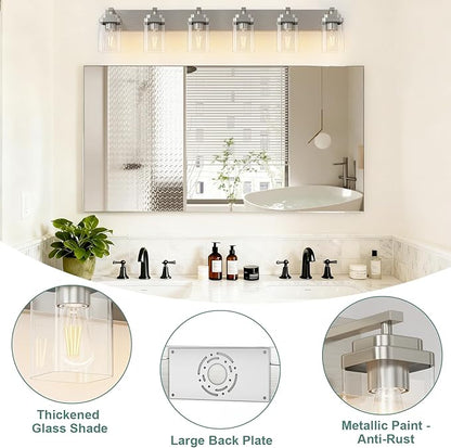 Brushed Nickel Bathroom Light Fixtures, 6 Lights Bathroom Lighting Fixtures Over Mirror, Square Design & Rectangle Large Backplate, Modern Vanity Lighting Fixtures, for Living Room/Bedroom