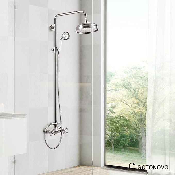 gotonovo Luxury Exposed Shower Faucet Set Bathroom Shower System 8 Inch Wall Mount Rainfall Shower Head with Handheld Spray Cross Double Handle Shower Fixture Adjustable Straight Rod Brushed Nickel