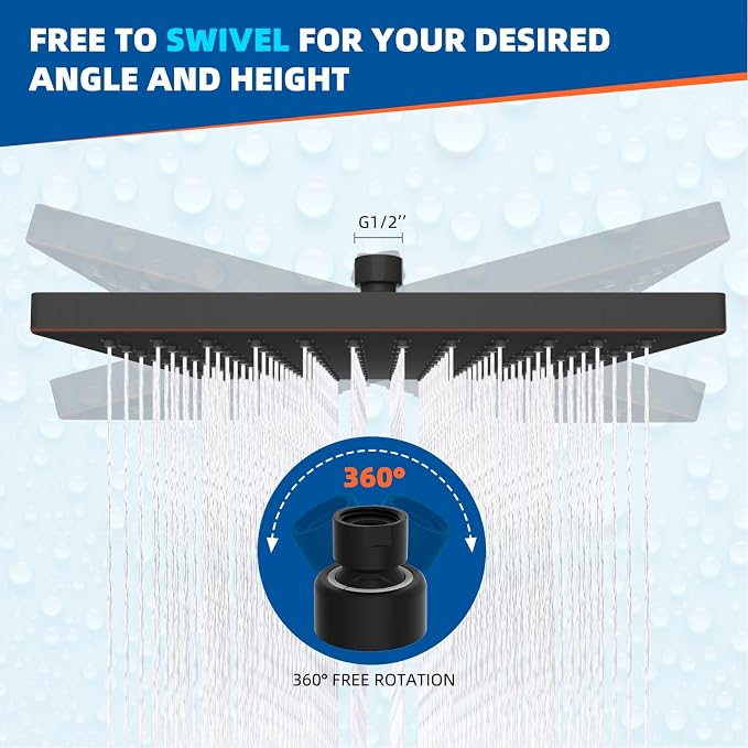 Hibbent cUPC Certified High Pressure 12'' Shower Head, Oil Rubbed Bronze | Thickness Metal Showerhead, Square Large Bathroom Rainfall Shower Head, Adjustable Brass Ball, Waterfall Full Body Coverage