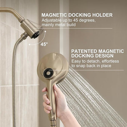 Handheld Shower Head with Magnetic Docking System | 9-Function High Pressure Detachable Shower Head with Remote Dock, 5-inch Champagne Gold Showerhead, 72 Inch Hose, SH180-CB-D