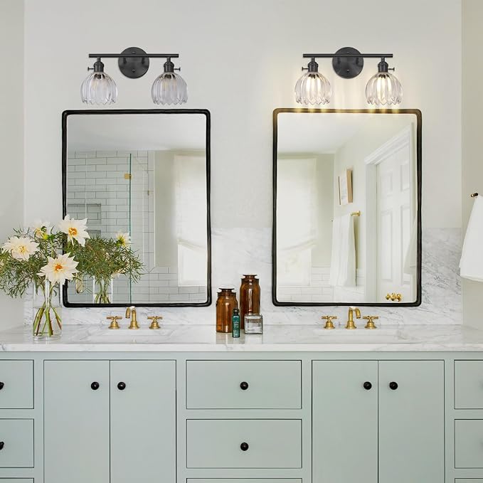 Matte Black 2 Light Bathroom Vanity Light,14.9in Modern Bathroom Lighting Fixtures Over Mirror with Clear Crystal Glass Shade,Vintage Vanity Lights for Bathroom Living Room Bedroom（not include bulbs)