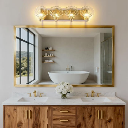 Bathroom Light Fixtures, 4-Lights Vanity Lights Over Mirror, Modern Bathroom Wall Light with Clear Shell Shaped Glass Shades, Gold Crystal Wall Light for Bedroom Living Room Hallway Kitchen