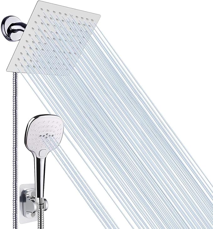 NearMoon Shower Head with Hose, High Pressure Stainless Steel Rain Shower and 3 Settings Handheld Spray Combo with Push Button Flow Control (8 Inch, Chrome Finish)