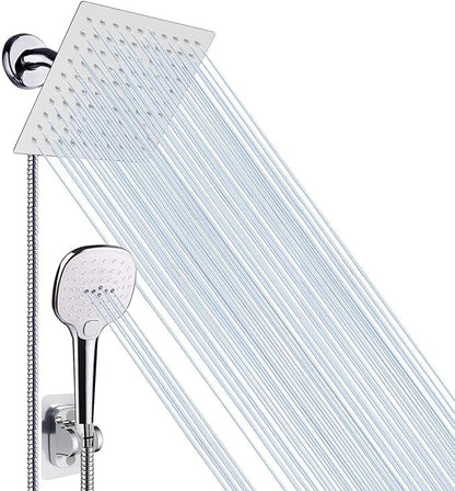 NearMoon Shower Head with Hose, High Pressure Stainless Steel Rain Shower and 3 Settings Handheld Spray Combo with Push Button Flow Control (8 Inch, Chrome Finish)
