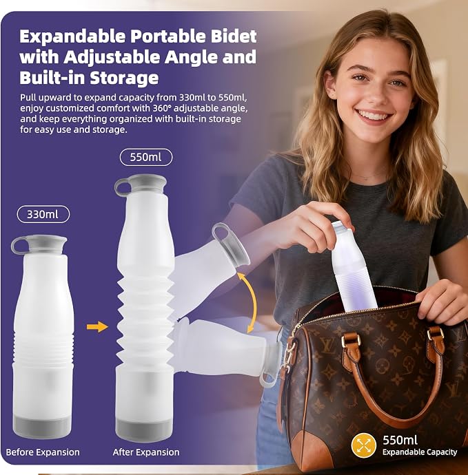 Hibbent Portable Bidet for Travel, High Pressure Electric Handheld Bidet Sprayer, 350-550ML Expandable Bottle for Personal Hygiene, USB-C Rechargeable Waterproof Sprayer for Women & Men, Purple
