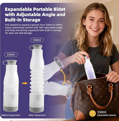 Hibbent Portable Bidet for Travel, High Pressure Electric Handheld Bidet Sprayer, 350-550ML Expandable Bottle for Personal Hygiene, USB-C Rechargeable Waterproof Sprayer for Women & Men, Purple