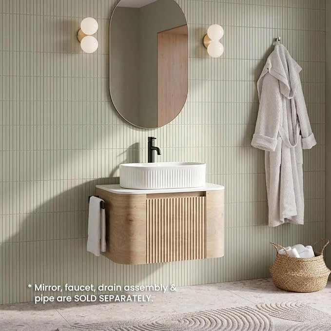 24" Preassembled Floating Bathroom Vanity with White Sink, Oak | Mid-Century Modern Style, Fluted & Soft-Close Drawer with U-shaped Wall, Sinterted Stone Countertop, Towel Rack Included