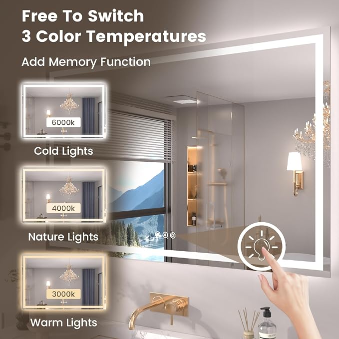 Snowdool 48 x 40 in LED Bathroom Mirror, Front and Backlit, Anti-Fog | Front and Backlit, 3 Color Temperatures, Anti-Fog, Tempered Glass
