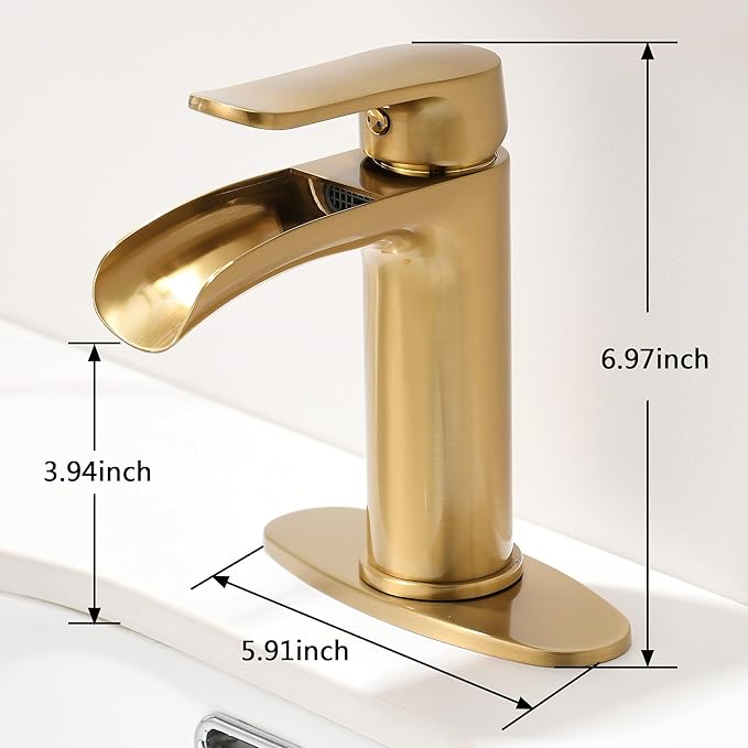 Gold Waterfall Bathroom Faucet - 4Inch Single Hole Bathroom Faucets Solid Brass Modern Single Handle Vanity Faucet for 1 Hole with Deck Plate & Overflow Pop Up Drain Brushed Gold