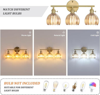 Bathroom Light Fixtures, 3-Light Brass Vanity wall Light Over Mirror with Amber Tulip Glass Shade for Bedroom Living Room (Bulb Not Included)