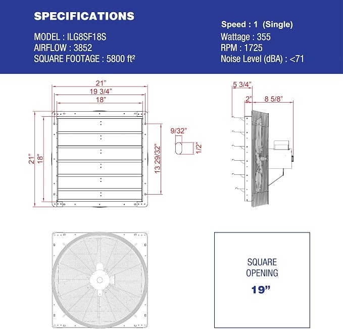 iLiving - 18" Wall Mounted Shutter Exhaust Fan - Automatic Shutter - Single Speed - Vent Fan For Home Attic, Shed, or Garage Ventilation, 3852 CFM, 5800 SQF Coverage Area, Silver (ILG8SF18S)