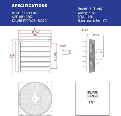 iLiving - 18" Wall Mounted Shutter Exhaust Fan - Automatic Shutter - Single Speed - Vent Fan For Home Attic, Shed, or Garage Ventilation, 3852 CFM, 5800 SQF Coverage Area, Silver (ILG8SF18S)