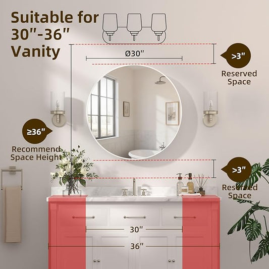 30 x 30 Inch Round White Mirror Medicine Cabinet Surface Mounted, Circular Modern Bathroom Medicine Cabinet with Mirror, Metal Framed Medicine Cabinets with Tempered Glass Mirror