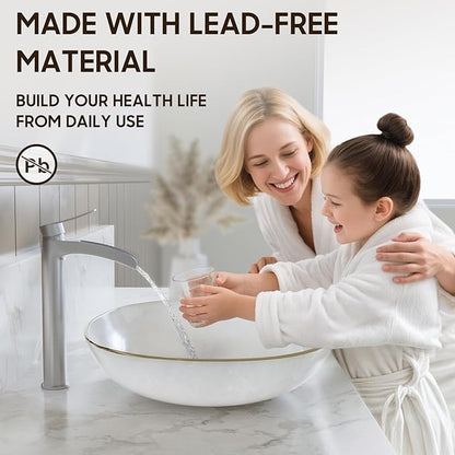 Phiestina Brushed Nickel Tall Bathroom Vessel Sink Faucet, Single Hole Single Handle Waterfall Modern Above Countertop Sink Bathroom Faucet, with Pop Up Drain and Water Supply Line, NS-SF01-BN-V
