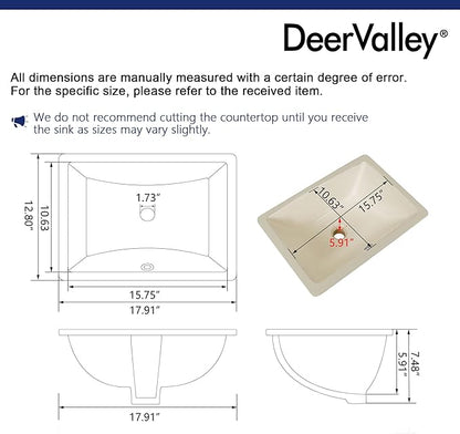 DeerValley DV-1U306BN Undermount Bathroom Sink 18'' x 13'' Rectangular Ceramic Sink Bathroom Wash Basin with Overflow Hole