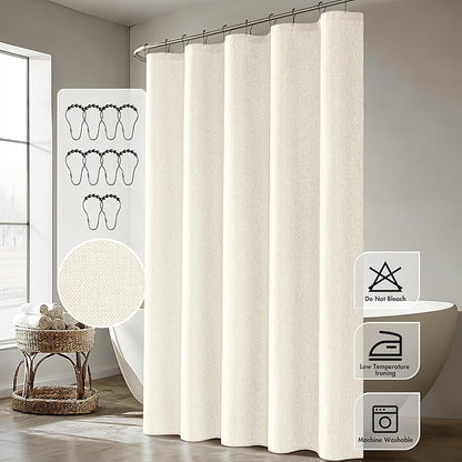 ANRODUO Ivory Linen Textured Fabric Shower Curtain Set - 60"x72" with 10 Rust Resistant Durable Metal Hooks, Waterproof & Heavy Duty Polyester, Button Hole Design, Machine Washable for Bathroom