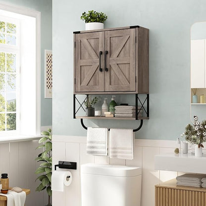 RUSTOWN Farmhouse Medicine Cabinet with 2 Barn Door, Wood Wall Mounted Storage Cabinet with Adjustable Shelf and Towel Bar, 3-Tier Bathroom Cabinet for Bathroom, Living Room(Washed Oak, Medium)