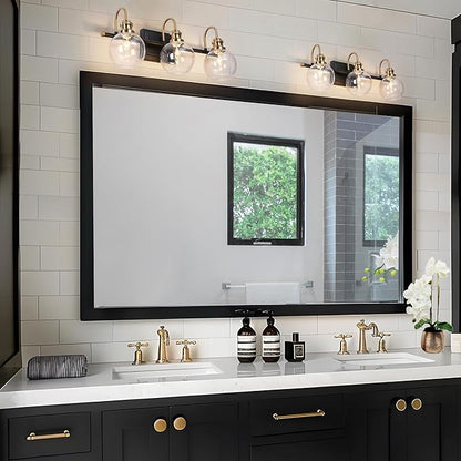 KSANA Black Gold Vanity Light, Modern 3-Light Bathroom Light Fixture with Clear Glass Globes, Electroplating Brass 22”L Vanity Lighting Over Mirror