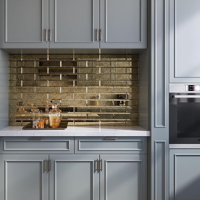 Peel and Stick Beveled Gold Antique Mirror Tile Subway Mirror Glass Backsplash 3x12 Inch for Kitchen Bathroom Wall (20 Pcs, 5 SQ.FT.)