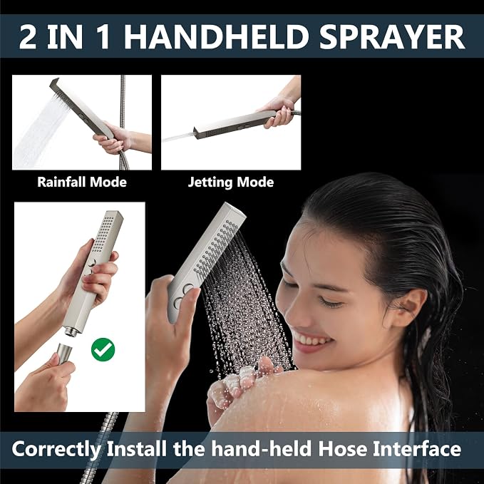 Aolemi Ceiling Shower Faucet Set System Dual Head 16&6 Inch Brushed Nickel | 2 in 1 Handheld Spray,Shower Valve and Trim Kit,Push Button Diverter, 16"Top+6" Wall Rain Head,Bathroom Mixer for Couple