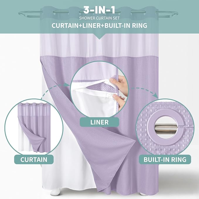 No Hook Waffle Shower Curtain with Snap-in Liner, 71x77 Inch, Lavender | 230 GSM waffle weave fabric, waterproof liner set with 2 bottom magnets, mesh top window, washable, for bathroom or hotel use