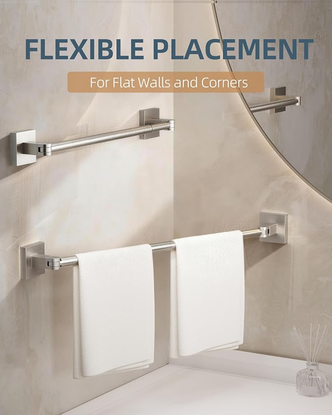 RUACQ Adjustable Towel Bar, Adhesive or Drill Wall Mount Towel Rack, Nickel | Adjust 15.8 to 26 Inch Towel Racks for Bathroom, 304 Stainless Steel Bath Towel Holder, Rustproof, Square Base, Heavy Duty