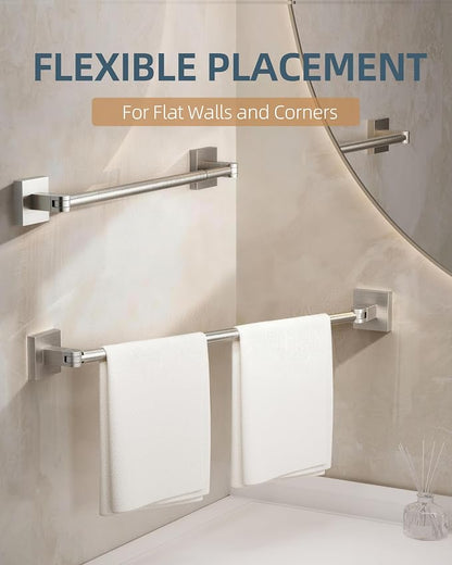 RUACQ Adjustable Towel Bar, Adhesive or Drill Wall Mount Towel Rack, Nickel | Adjust 15.8 to 26 Inch Towel Racks for Bathroom, 304 Stainless Steel Bath Towel Holder, Rustproof, Square Base, Heavy Duty