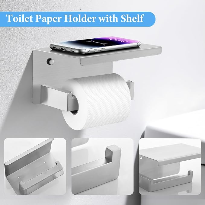 TURS Bathroom Hardware Set Brushed Nickel 4-Piece Towel Bar Set Include 24 Inch Towel Bar Towel Ring Towel Hook Toilet Paper Holder with Shelf Wall Mounted.