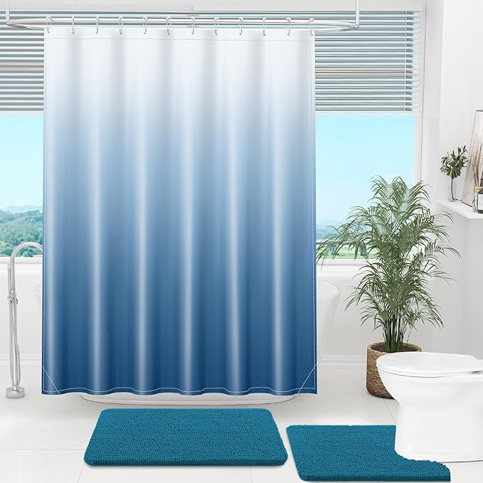 OLANLY Luxury Blue and White Ombre Shower Curtain Sets with 12 Hooks, Waterproof and Washable Decorative Shower Curtains for Bathroom, 72x72 Inches