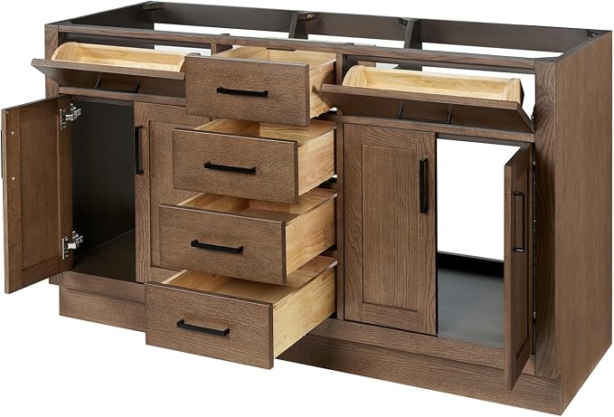 ARIEL Hepburn 60-inch Bathroom Vanity with Sink,Solid Wood, 1.5-inch Carbon Black Quartz Countertop, Double Rectangular Porcelain Sink, Soft Closing Doors, Dovetail Drawers, Brown Oak