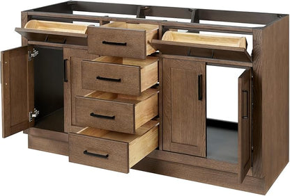 ARIEL Hepburn 60-inch Bathroom Vanity with Sink,Solid Wood, 1.5-inch Carbon Black Quartz Countertop, Double Rectangular Porcelain Sink, Soft Closing Doors, Dovetail Drawers, Brown Oak