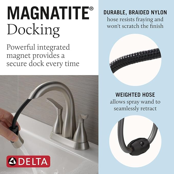 Delta Broadmoor Centerset Brushed Nickel Bathroom Faucet with Sprayer, 4 Inch 3 Hole Bathroom Sink Faucet with Pull Out Sprayer, Push-Pop Drain, Stainless 25765LF-SSPD