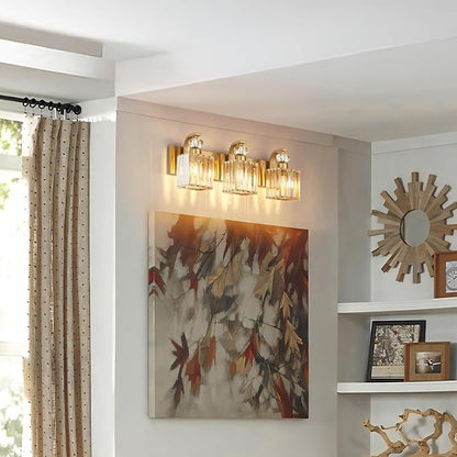 Modern Bathroom Vanity Light, 3-Light Gold Bathroom Lighting Fixtures Over Mirror, 20.5" Crystal Wall Light Sconce for Bathroom/Bedroom/Vanity, Includes LED Bulbs, Easy Installation