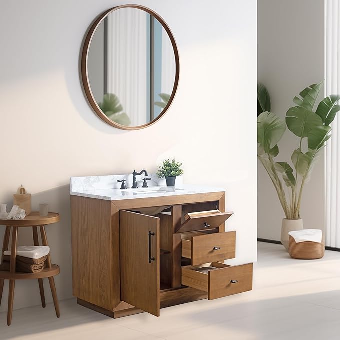 Vanity Art 42" Bathroom Vanity with Sink,Solid Poplar Wood, Vanity Cabinet with Doors and Shelf, Modern Wood Bathroom Vanity with White Marble Top, 2 Right Functioning Shaker Drawer, VA70-42-T-E