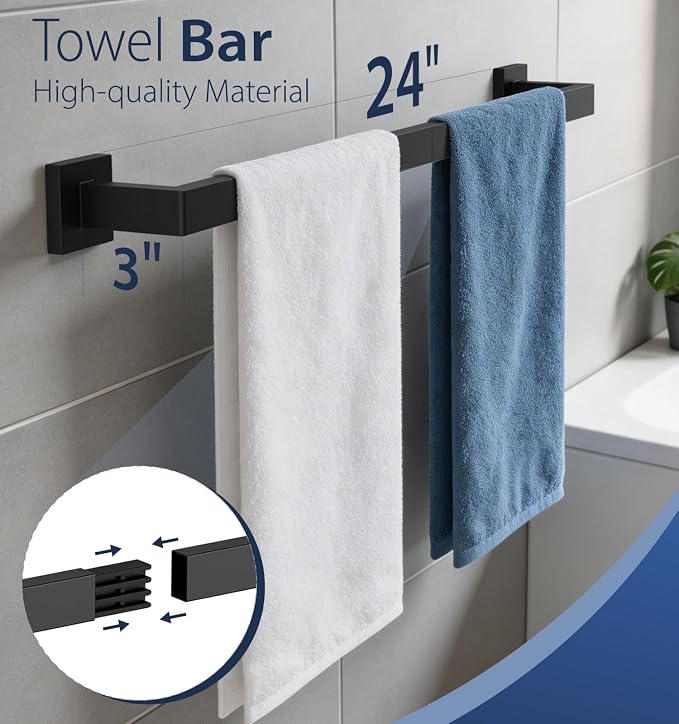 5-Piece Matte Black Bathroom Towel Bar Set,24" Bathroom Hardware Kit | Total 26 Inch Towel Racks for Bathroom Wall Mounted,SUS304 Stainless Steel Towel Bar for Bathroom, Kitchen, Laundry