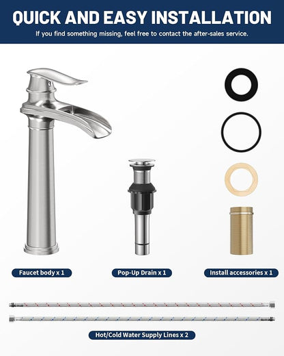 Brushed Nickel Vessel Sink Faucet Brass 12 Inch Waterfall Bathroom Faucet | with Pop Up Drain Assembly and Supply Hoses, Single Handle Tall Bathroom Faucets Lavatory Vanity Mixer Tap by BATHLAVISH
