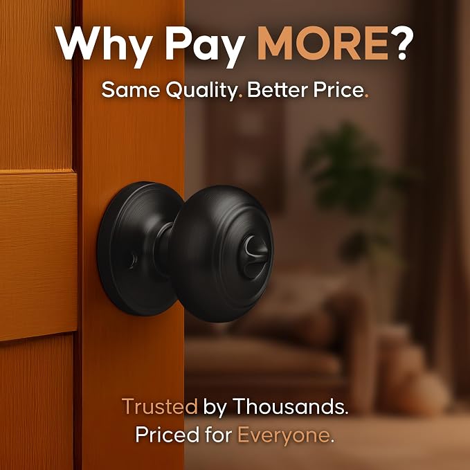 Copper Creek Colonial Privacy Interior Door Knob – ANSI Grade-3 Certified, Modern Heavy Duty Handle, Easy Install and Reversible for Bedroom, Bathroom and Closets – Matte Black (2 Pack)