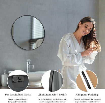 NEWBULIG 20 Inch Round Bathroom Mirror, Wall Mount Vanity Mirror | Circle Mirror for Over Sink, Matte Metal Frame, Entryway Decor, Bedroom Decor, Black